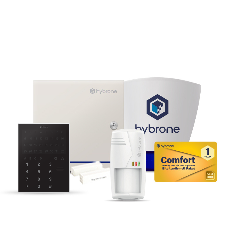 Hybrone Kablolu Network Akıllı Hırsız Alarm Seti ve Comfort Abonelik Paketi